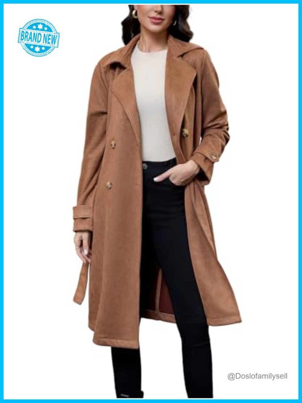Faux Suede Trench Coat Belted Midi Tailored Overcoat Fall Winter Office